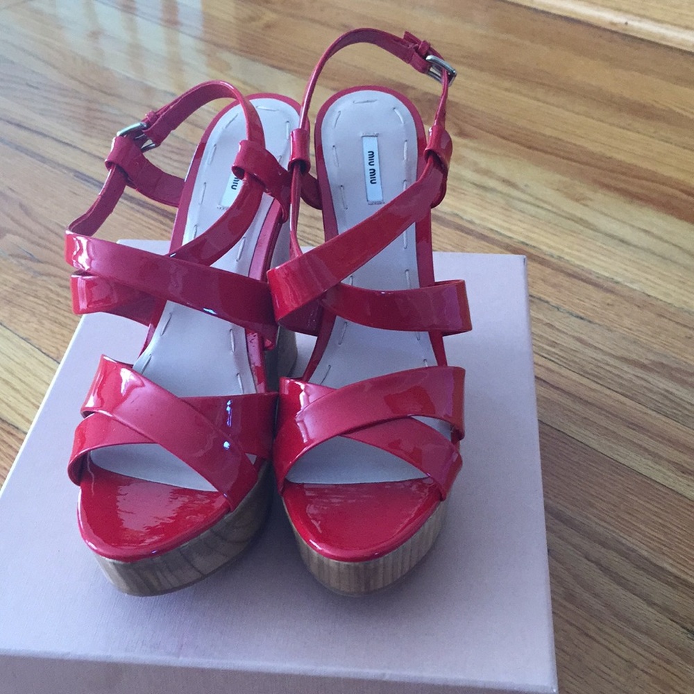 Miu Miu red patent leather wedges new